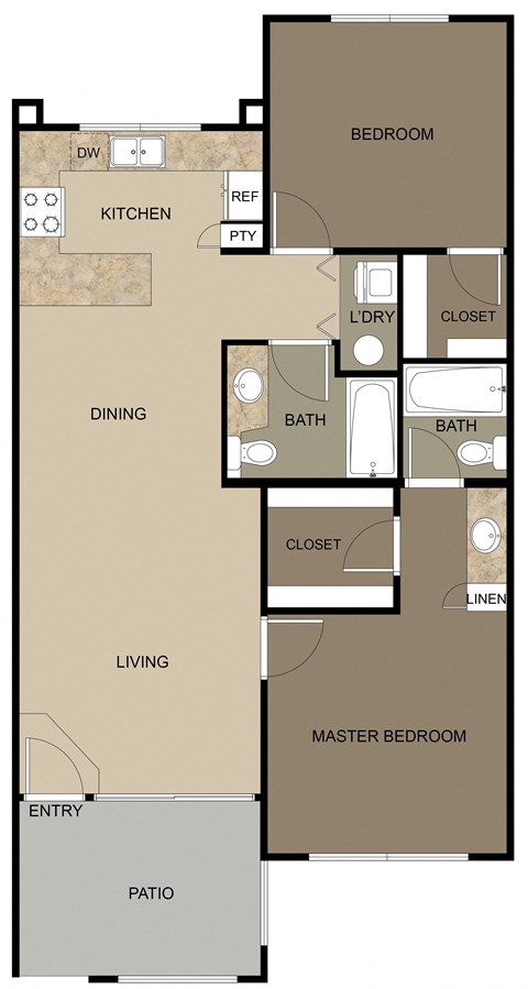 Floor plan for 2 beds, 2 baths, 939 sqft